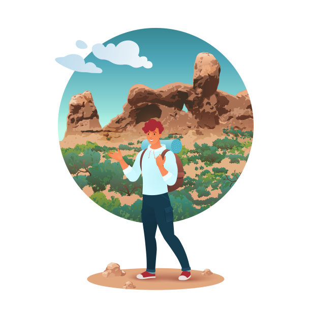 在白色背景的拱门中徒步旅行的男性旅行者。宣传旅游目的地和旅游业的概念插图。图片下载