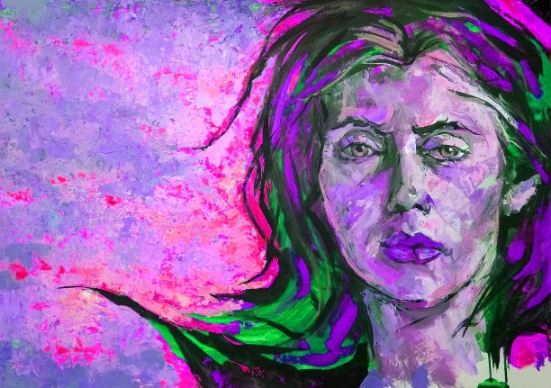 插图油画肖像的年轻女子与长黑发明亮的背景在紫色调图片下载