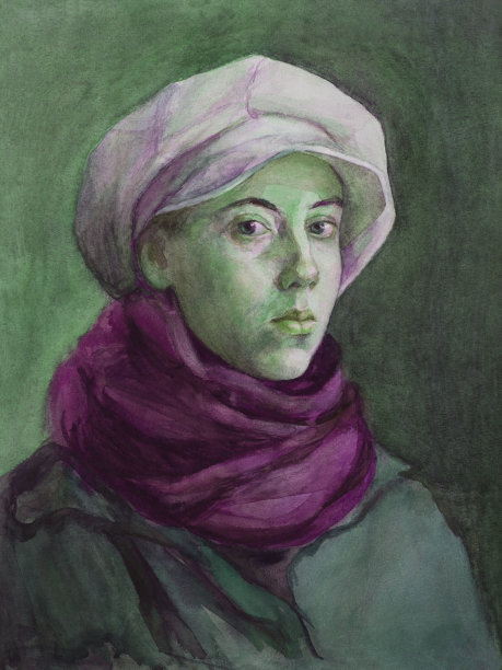 时尚插画，原创艺术作品，绘画，水彩画，一个女孩的肖像，绿眼睛的女学生，戴着白色的帽子，红色的羊毛围巾和绿色的斗篷，在经典的风格图片下载