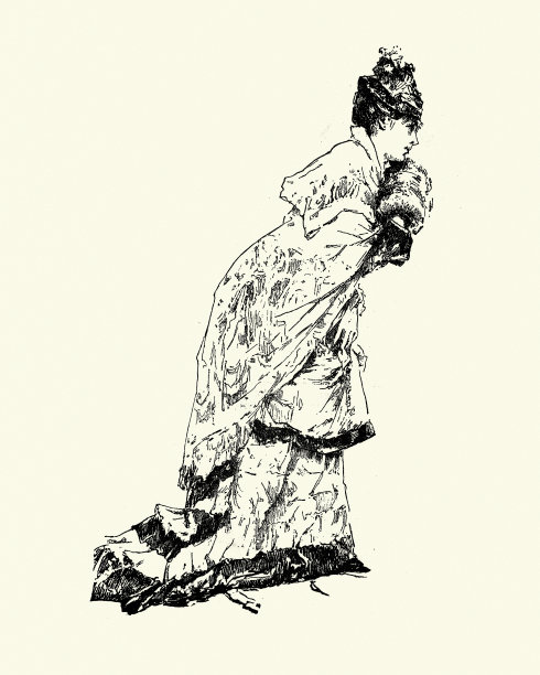 维多利亚时代的女人穿着连衣裙，戴着帽子，戴着手筒。艾尔弗雷德·斯蒂文斯，19世纪70年代，时尚图片下载