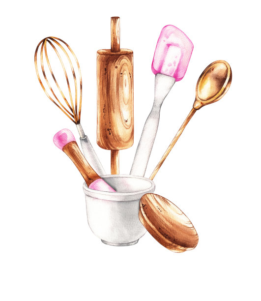 水彩画组成的烘烤工具孤立在一个白色图片下载