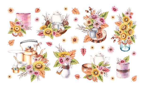 在白色的背景上，花和茶盘的构图与糖果分开图片下载