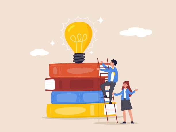 创造力的概念。想象力或教育发展技能。知识成就成功，灵感或寻找解决方案，年轻人爬上书架上的梯子，寻找创意的灯泡。图片下载