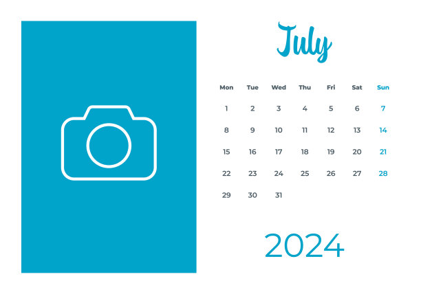 2024年7月-日历与照片或插图的地方。日历矢量模板为2024年。这一周从星期一开始图片下载