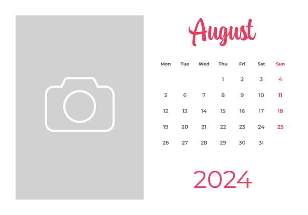 2024年8月-日历与地方的照片或插图。日历矢量模板为2024年。这一周从星期一开始图片下载