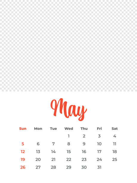 2024年5月-日历与照片或插图的地方。日历矢量模板为2024年。一周从周日开始图片下载