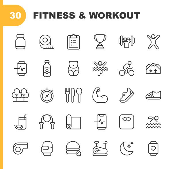 健身和锻炼线图标。可编辑的中风。像素完美。移动和Web。包含这样的图标，腹肌，身体，烹饪，饮食，锻炼，健身房，健康的生活方式，冥想，跑步，运动，运动服，游泳，奖杯，健康，锻炼，瑜伽图片下载