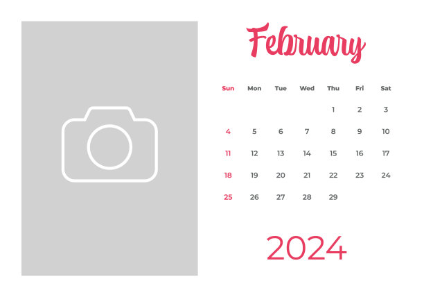 2024年2月-日历与地方的照片或插图。日历矢量模板为2024年。一周从周日开始图片下载