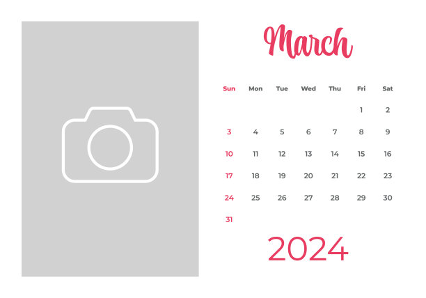 2024年3月-日历与照片或插图的地方。日历矢量模板为2024年。一周从周日开始图片下载