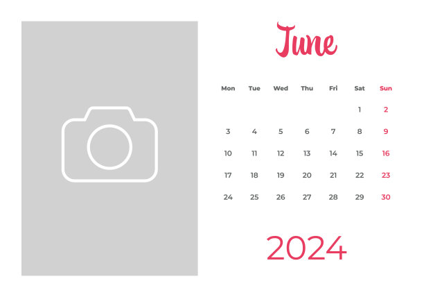 2024年6月-日历与照片或插图的地方。日历矢量模板为2024年。这一周从星期一开始图片下载
