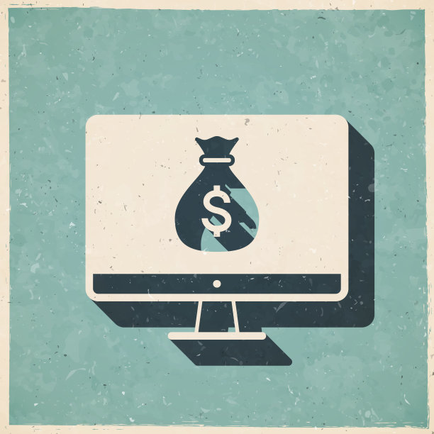 带钱袋的台式电脑。图标复古复古风格-旧纹理纸图片下载
