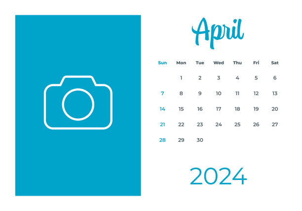 2024年4月-日历与照片或插图的地方。日历矢量模板为2024年。一周从周日开始图片下载