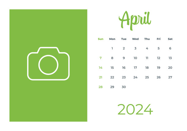 2024年4月-日历与照片或插图的地方。日历矢量模板为2024年。一周从周日开始图片下载