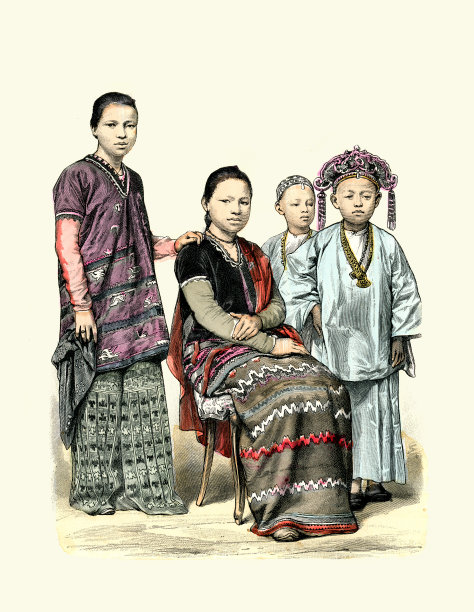亚洲、缅甸的传统服饰，缅甸山地部落纳林部落的妇女和儿童，19世纪的服装史图片下载