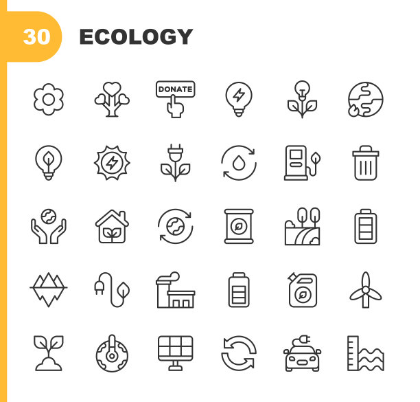 生态线图标。可编辑的中风。像素完美。移动和Web。包含诸如农业，慈善，气候，捐赠，地球，电动汽车，能源，环境，花卉，全球变暖，树叶，自然，植物，回收，太阳能等图标。图片下载