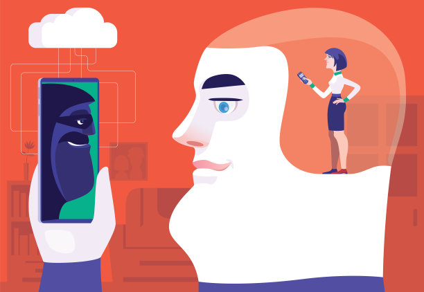 女人拿着遥控器，操作机器人男人，在智能手机上与黑客会面图片下载