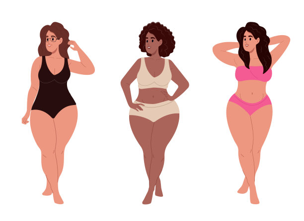 一组快乐的胖乎乎的人有着曲线优美的身材。丰满女性的正面身材。矢量平面插图隔离在白色背景上。图片下载