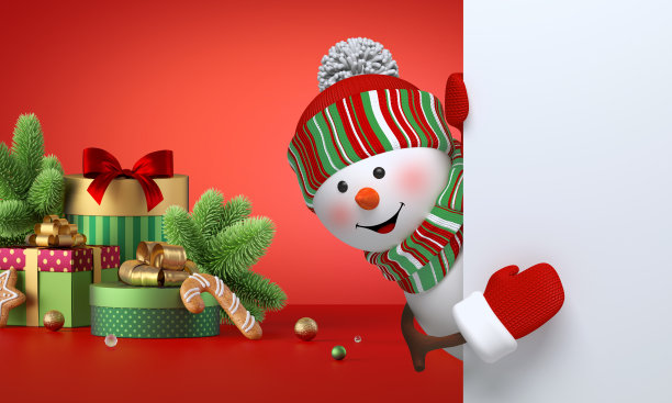 3 d渲染。有趣的雪人玩具向外看，拿着白色的纸，节日的装饰品和礼盒在红色的背景。圣诞节的旗帜图片下载