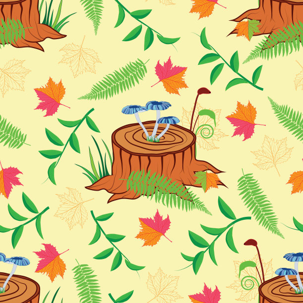 神奇的蓝色蘑菇树桩上有枫叶图片下载