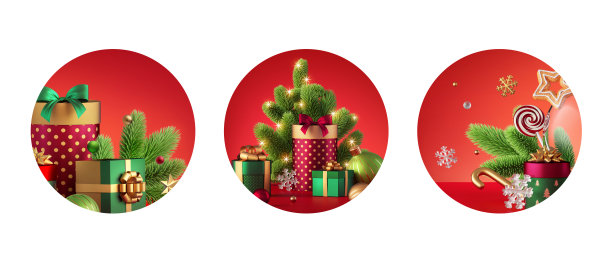 3d渲染，一套各种圆形圣诞标签，节日剪贴画孤立的红色背景。假日贴纸图片下载