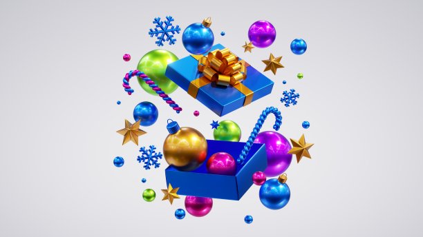 3d渲染，新年插图。节日的装饰品从打开的礼品盒里掉了出来。圣诞剪贴画孤立的白色背景。五颜六色的玻璃球，金色的星星和金属雪花图片下载