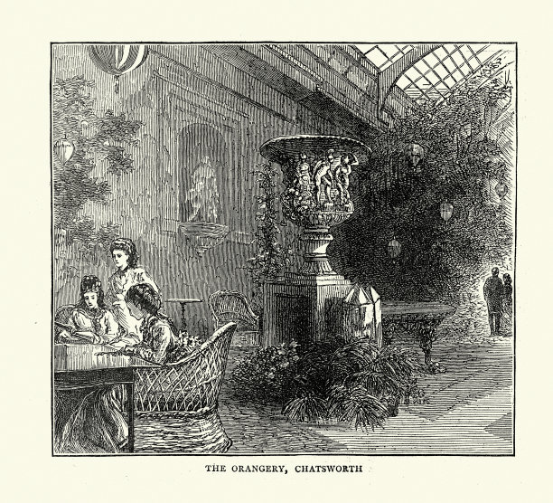 复古插画查兹沃斯的橘子园，维多利亚时代19世纪70年代图片下载