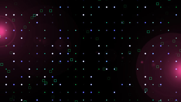 随机移动的正方形和圆点背景与光泄漏。数码高科技点方粒子。科幻片、动漫、动画片。运动图形。几何bg。图片下载