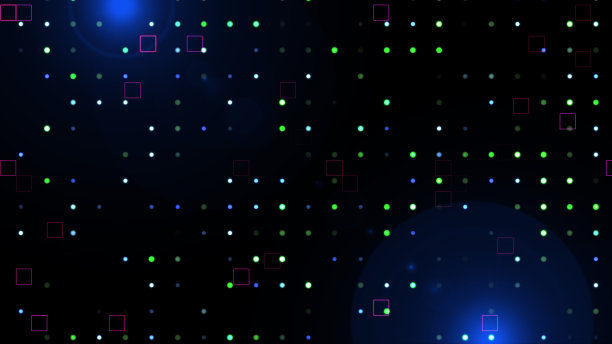 随机移动的正方形和圆点背景与光泄漏。数码高科技点方粒子。科幻片、动漫、动画片。运动图形。几何bg。图片下载