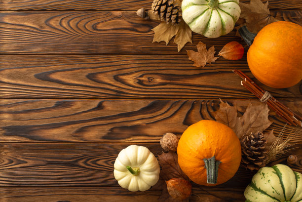 自上而下的秋收观。成熟的南瓜，树叶，physalis和秋天的属性设置在黑暗的木制背景下，为季节性精神的文本或广告提供了复制空间图片下载