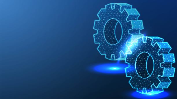 二齿轮，齿轮。传播的概念。机械技术机器，工业发展，发动机工作，业务解决方案，团队工作理念，抽象低多边形，三角形，点，线，多边形。图片下载