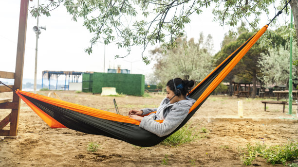 度假的白领女性，在吊床上用笔记本电脑工作图片下载