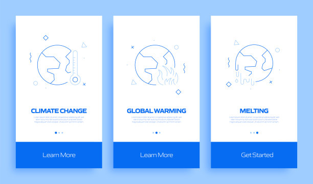 全球变暖概念上车移动应用程序页面屏幕与平面图标。UI设计模板矢量插图图片下载