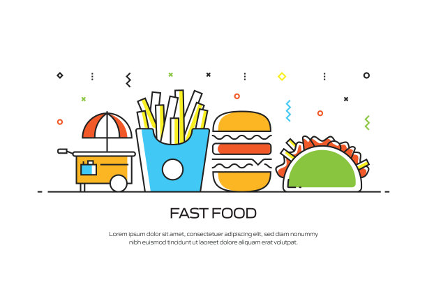 快餐相关的线风格横幅设计网页，标题，小册子，年度报告和书的封面图片下载