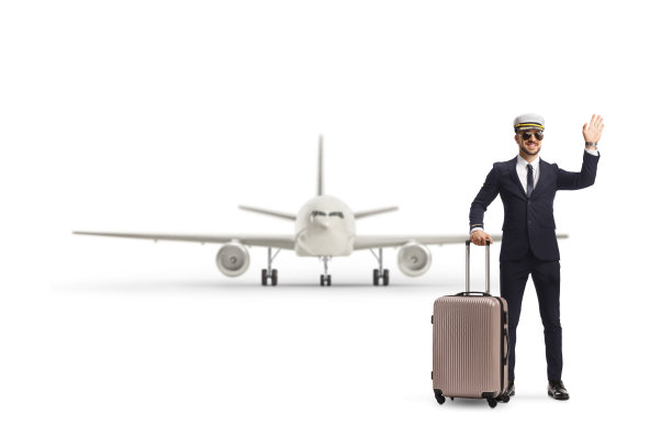 飞行员提着行李箱站在飞机前对着镜头挥手图片下载