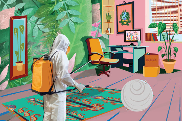 穿着防护服的人正在给公寓消毒图片下载