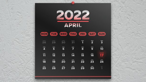 一个美丽的黑色日历四月页2022和复活节日期标记红色图片下载