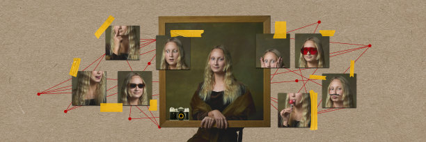 美丽的女性模型作为经典的历史人物在现代变化在柔和的背景。当代艺术拼贴。图片下载