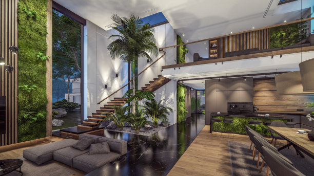 3d渲染昂贵舒适的室内与绿色的墙壁在晚上图片下载