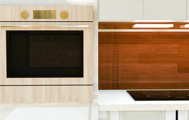 白色大理石和木材厨房柜台，微波炉和复印空间。厨房用品，食品，饮料和产品展示的背景。三维渲染图片下载