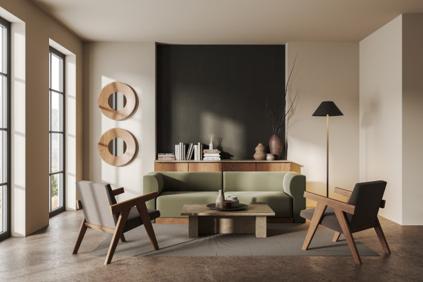 现代客厅室内配有扶手椅和沙发，装饰靠近窗户图片下载