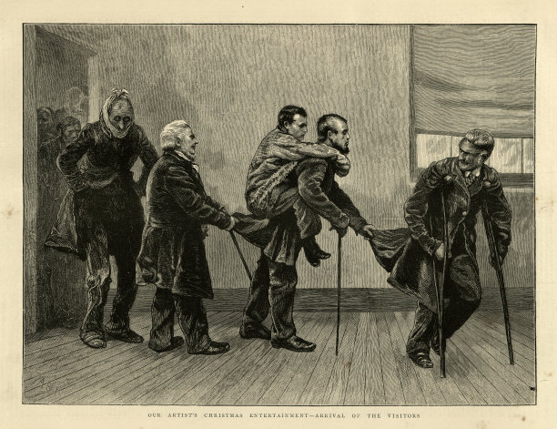 一群残疾人互相帮助，盲人，拄着拐杖，维多利亚时代的医疗保健19世纪70年代图片下载