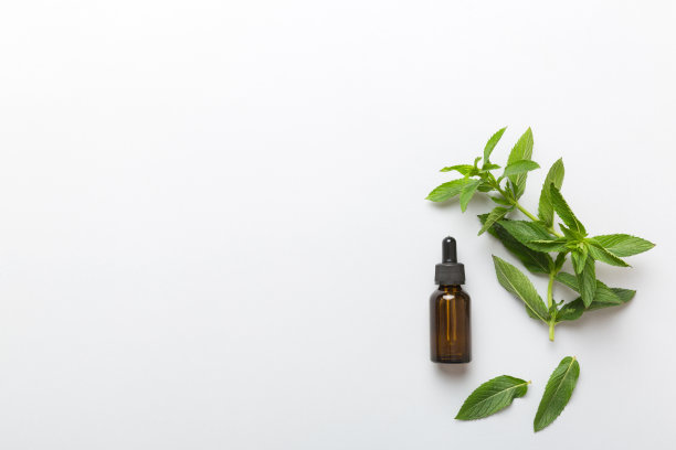 天然薄荷精油在一个玻璃瓶。有机化妆品与草药提取物薄荷在有色背景图片下载