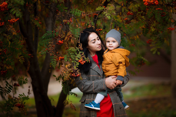 妈妈和儿子一起在秋天的公园里玩耍。幸福的一家人在秋天的黄树上散步。感恩节假期。快乐的母亲和童年的概念。图片下载