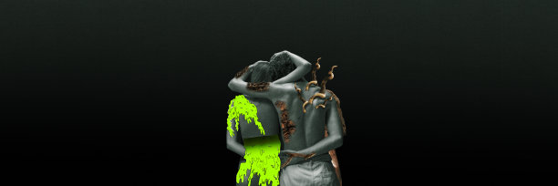 年轻人，男人和女人拥抱，互相关心和爱。从悲伤中解救出来。当代艺术拼贴。图片下载