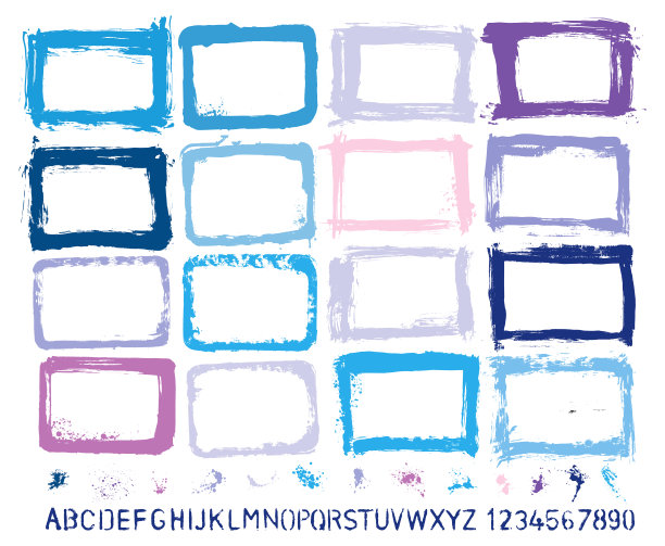 平面设计要点:垃圾纹理，手绘边框，油漆飞溅，画笔笔触，自制的手绘模板字母。高分辨率。jpeg和分组元素矢量文件包括图片下载