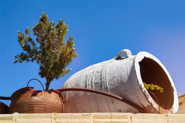 屋顶装饰用双耳罐和一个旧的破花盆种植迷迭香灌木衬蓝天图片下载