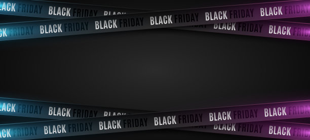 3d丝带与蓝色和紫色辉光黑色星期五黑色背景销售。越过丝带。图形元素的大销售。矢量插图。图片下载