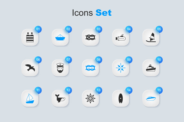 集冲浪板，船长的船，折叠纸船，游艇帆船，快艇，条纹水手t恤和航海绳结图标。向量图片下载