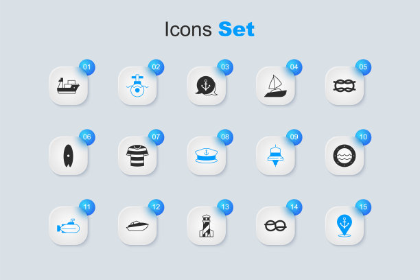 集航海绳结，条纹水手t恤，潜艇，地点锚，船舶舷窗，货船和船长帽子图标。向量图片下载