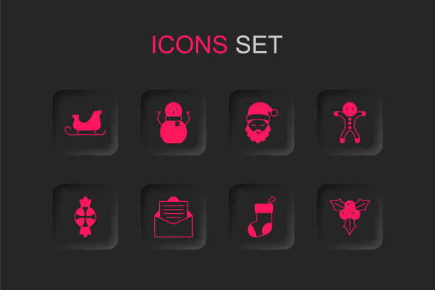 套装信封，圣诞雪人，圣诞老人雪橇，长统袜，节日姜饼饼干，花枝，圣诞老人的帽子和胡子和糖果图标。向量图片下载